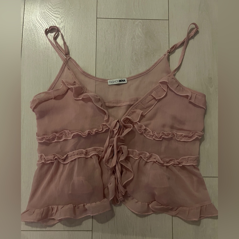 Fashion Nova Pink Ruffled Sheer Tank